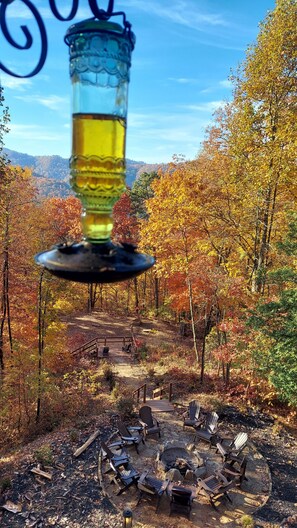 Terrace/patio - Full Log Cabin,11 wooded acres near Franklin NC. Sleeps 16 in Beds. Waterfalls. (Franklin)