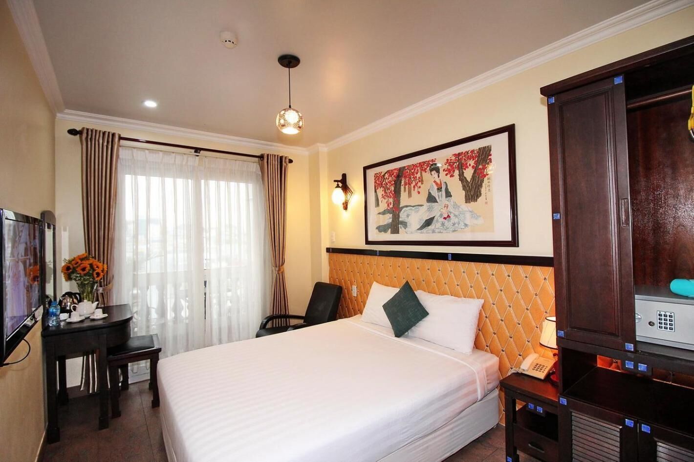 minibar, desk, blackout curtains, iron/ironing board