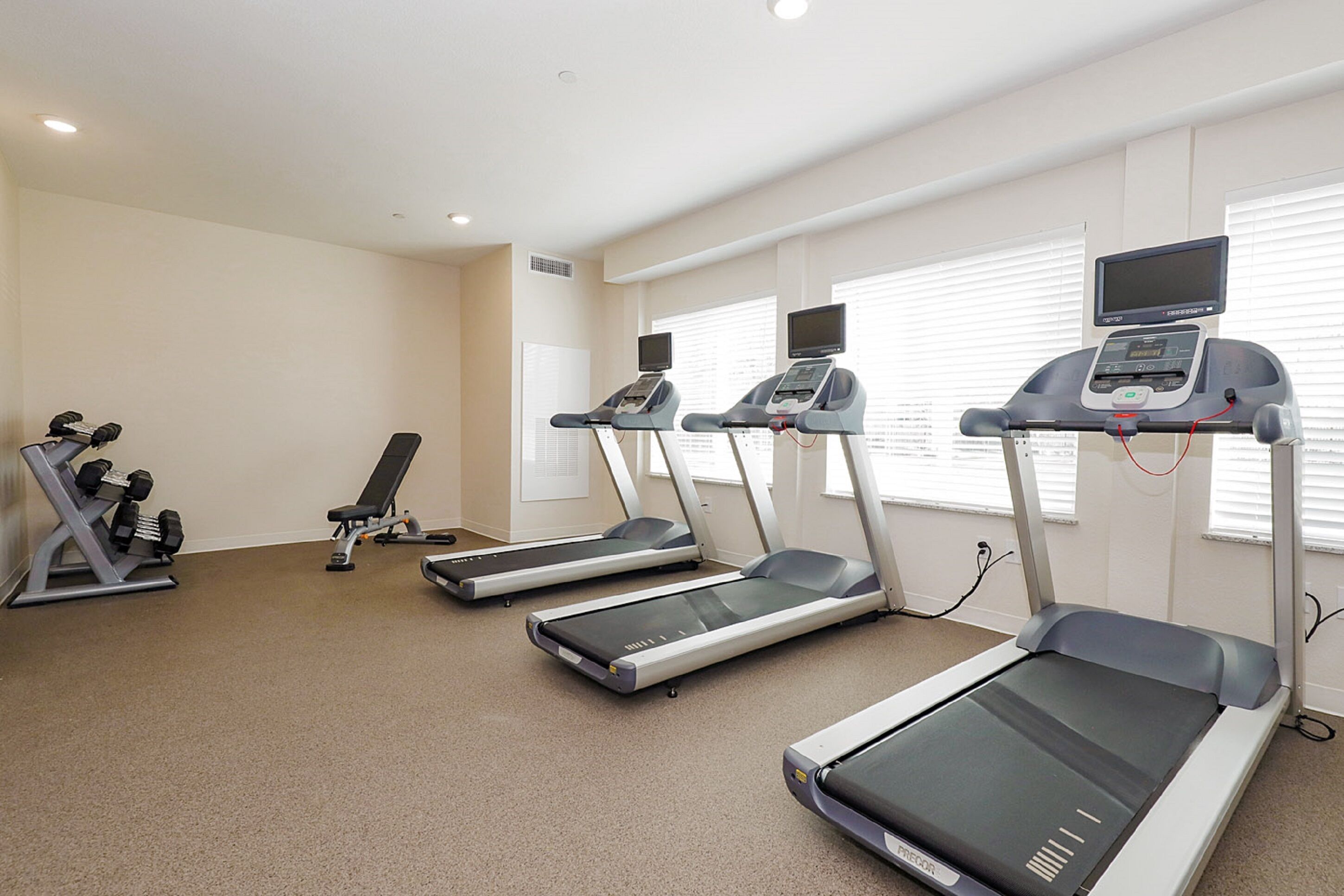 A fitness room with treadmills, a bench, and dumbbells.