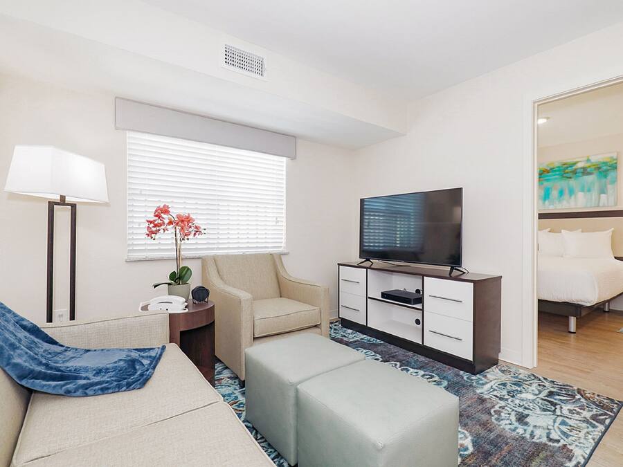 Habitación de hotel con sofá, reposapiés, televisor, mesita de noche, lámpara, planta en maceta y cama con cabecera.