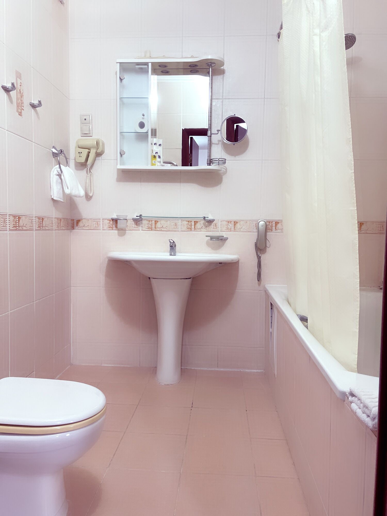 A bathroom with a toilet, sink, and shower curtain.