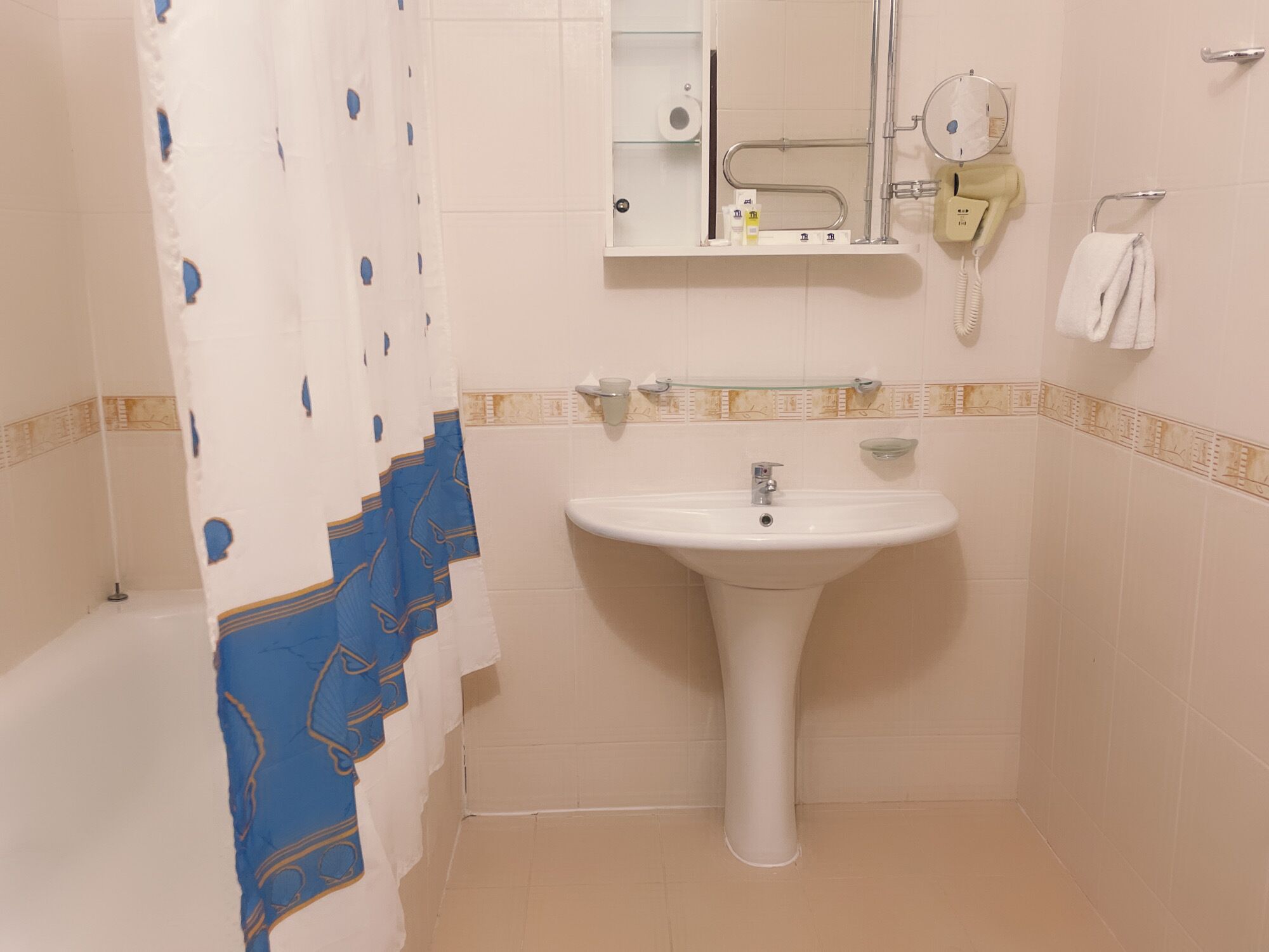 A bathroom with a white sink, a glass shelf, a towel rack, and a shower curtain.