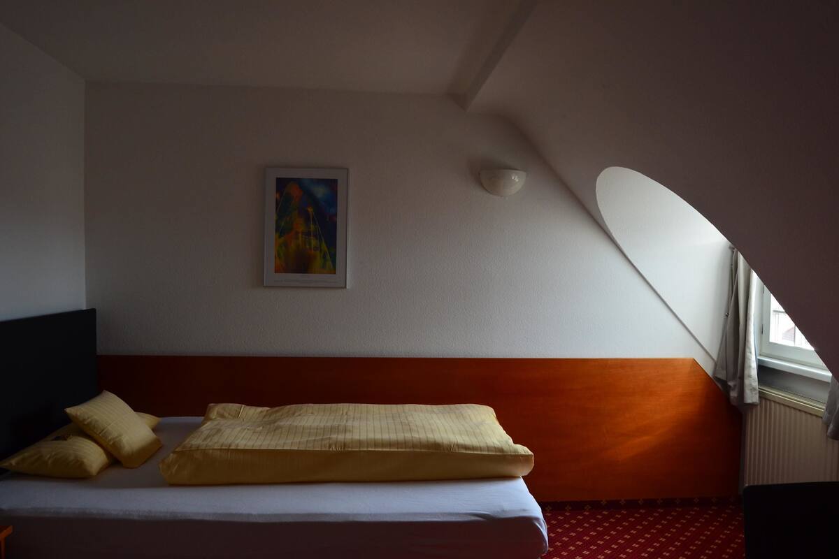 Un dormitorio con cama, almohadas, un cuadro, una lámpara de techo y una ventana.