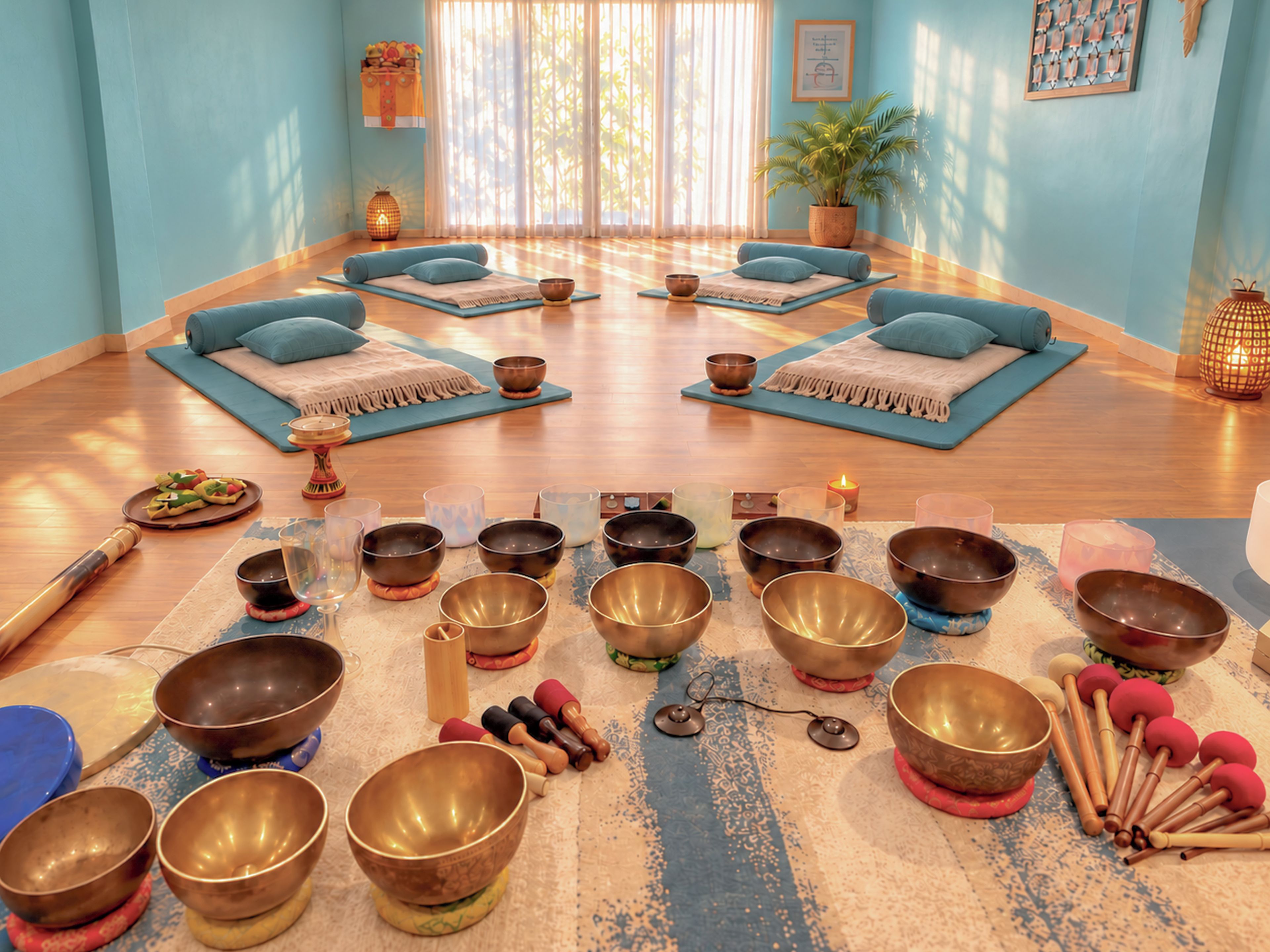 A room with yoga mats, meditation cushions, and a collection of singing bowls arranged on the floor.