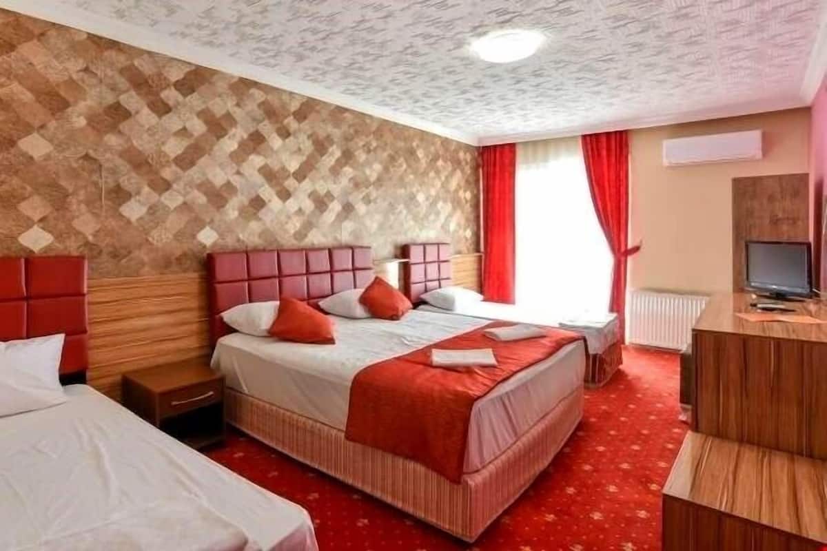 Ett hotellrum med en stor säng, en mindre säng, ett skrivbord och en tv.