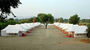 A row of white tents with a central tree in a rural setting. - A Plus Hospitalities (Phulpur)