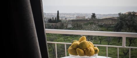 A balcony with a table holding lemons and a magazine, overlooking a cityscape with historical buildings and greenery.