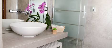 A bathroom with a large white sink, a glass shower enclosure, and a small plant on the countertop.