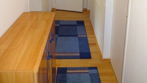 Un corridoio stretto con pavimento in legno, una porta bianca in fondo e un tappeto blu al centro.