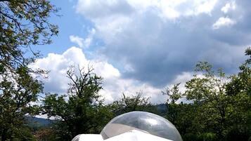 Zwei transparente, kugelförmige Strukturen mit weißem Inneren, umgeben von einer grünen Wiese und Bäumen, unter einem teils bewölkten Himmel.