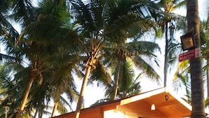 A wooden house with a covered porch, outdoor seating, and a fire extinguisher.