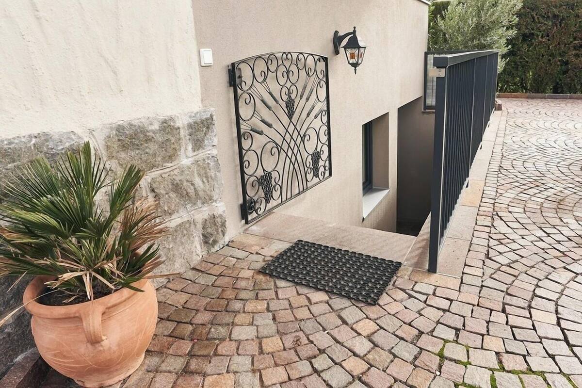 A potted plant, a metal gate, and a cobblestone pathway leading to a building.