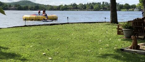 A grassy area with a dock extending into a lake, surrounded by trees and hills.