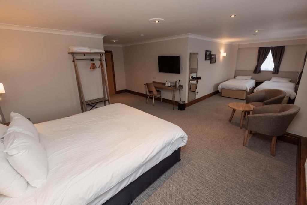 Habitación de hotel con una cama grande, un escritorio, una silla, un televisor y un espacio de descanso con dos sillas.