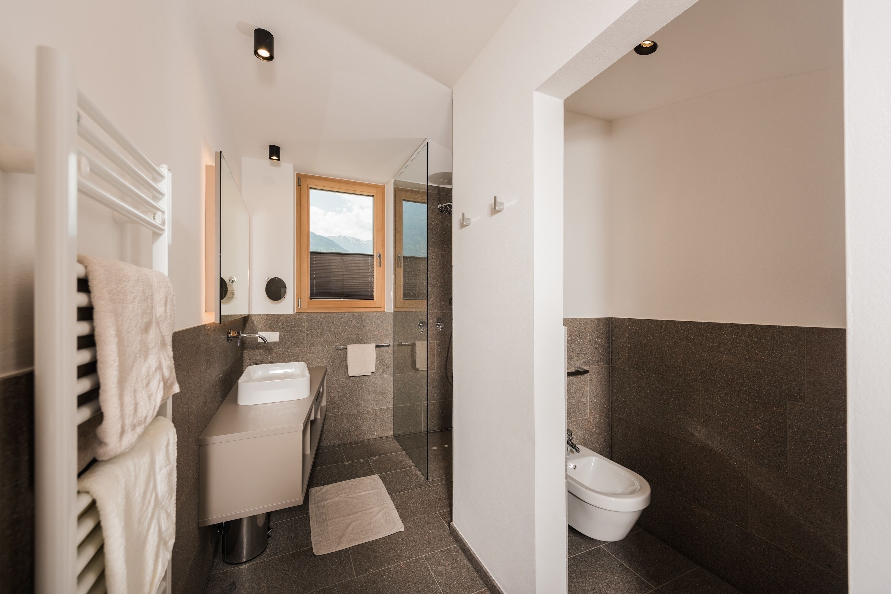 A modern bathroom with a glass shower, a white sink, and a toilet.