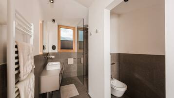 A modern bathroom with a glass shower, a white sink, and a toilet.