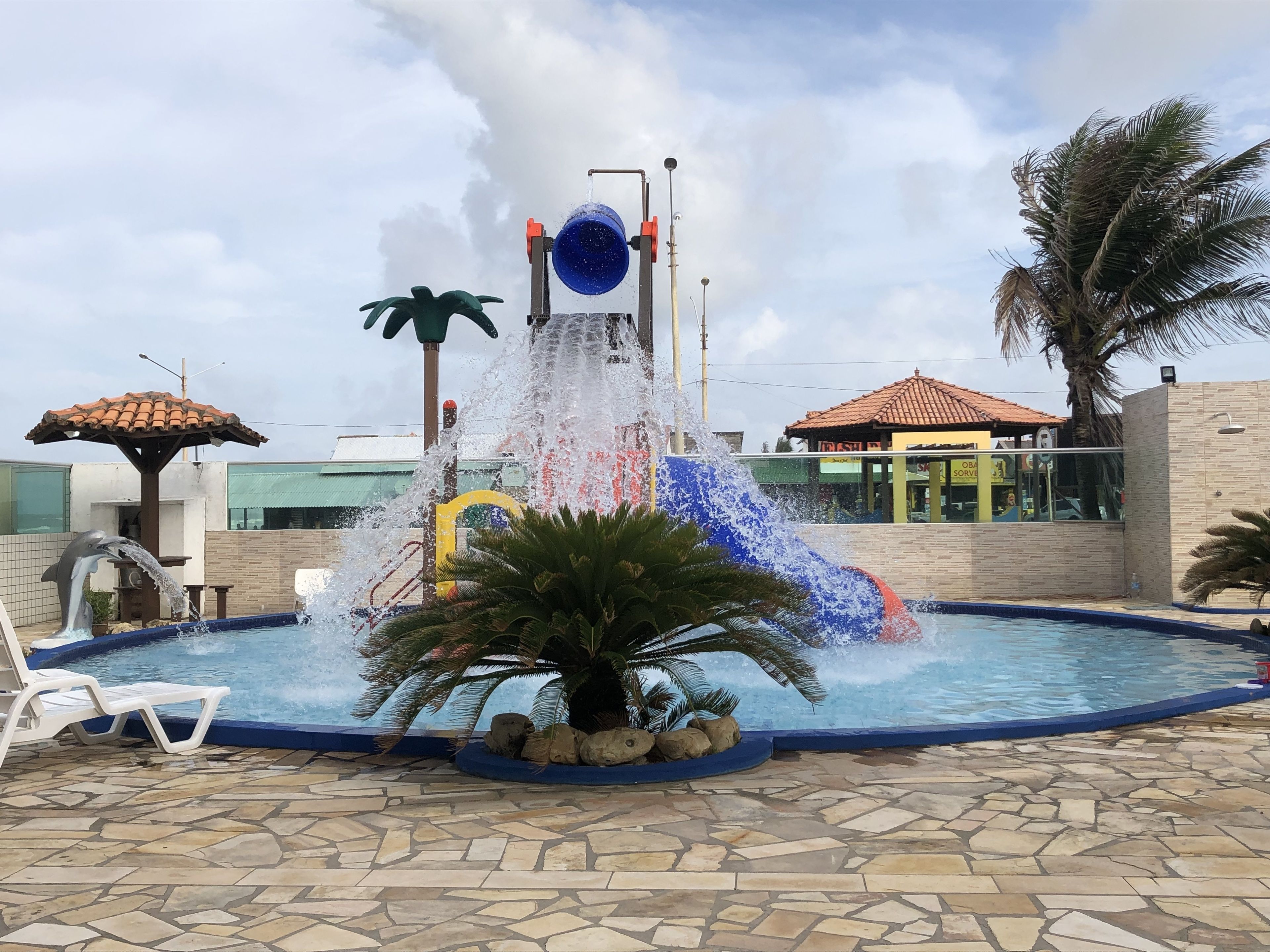 Una piscina con tobogán, una escultura de delfín y una palmera.