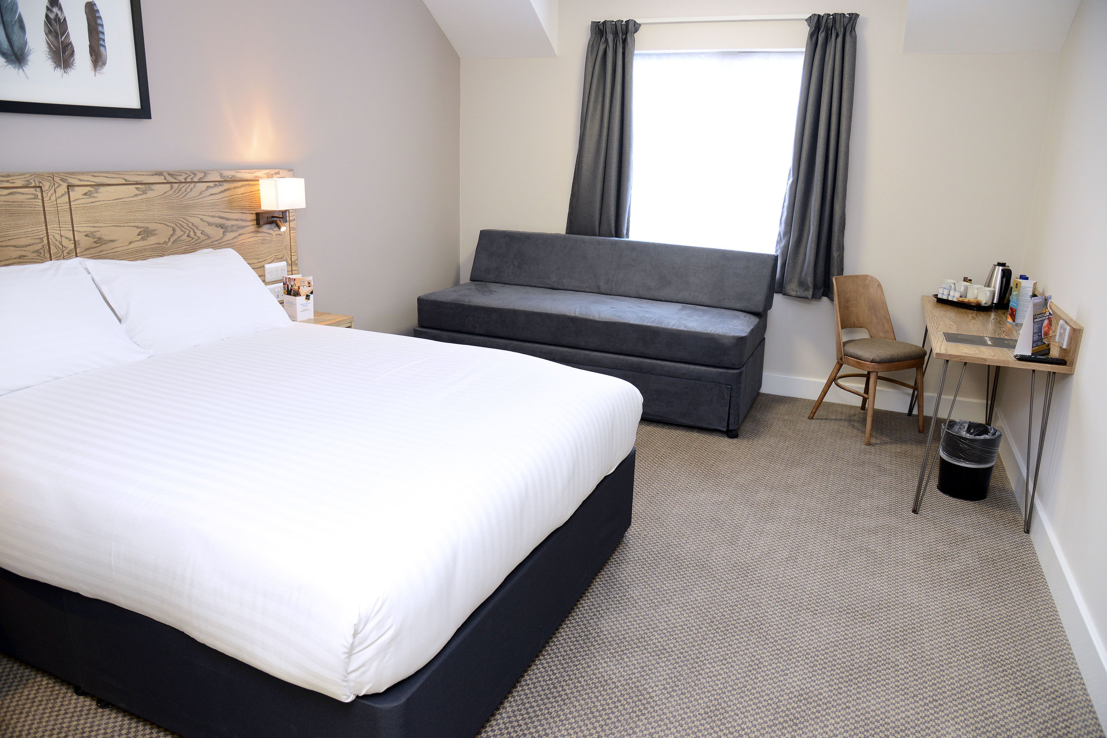 A hotel room with a bed, a sofa, a desk, and a chair.