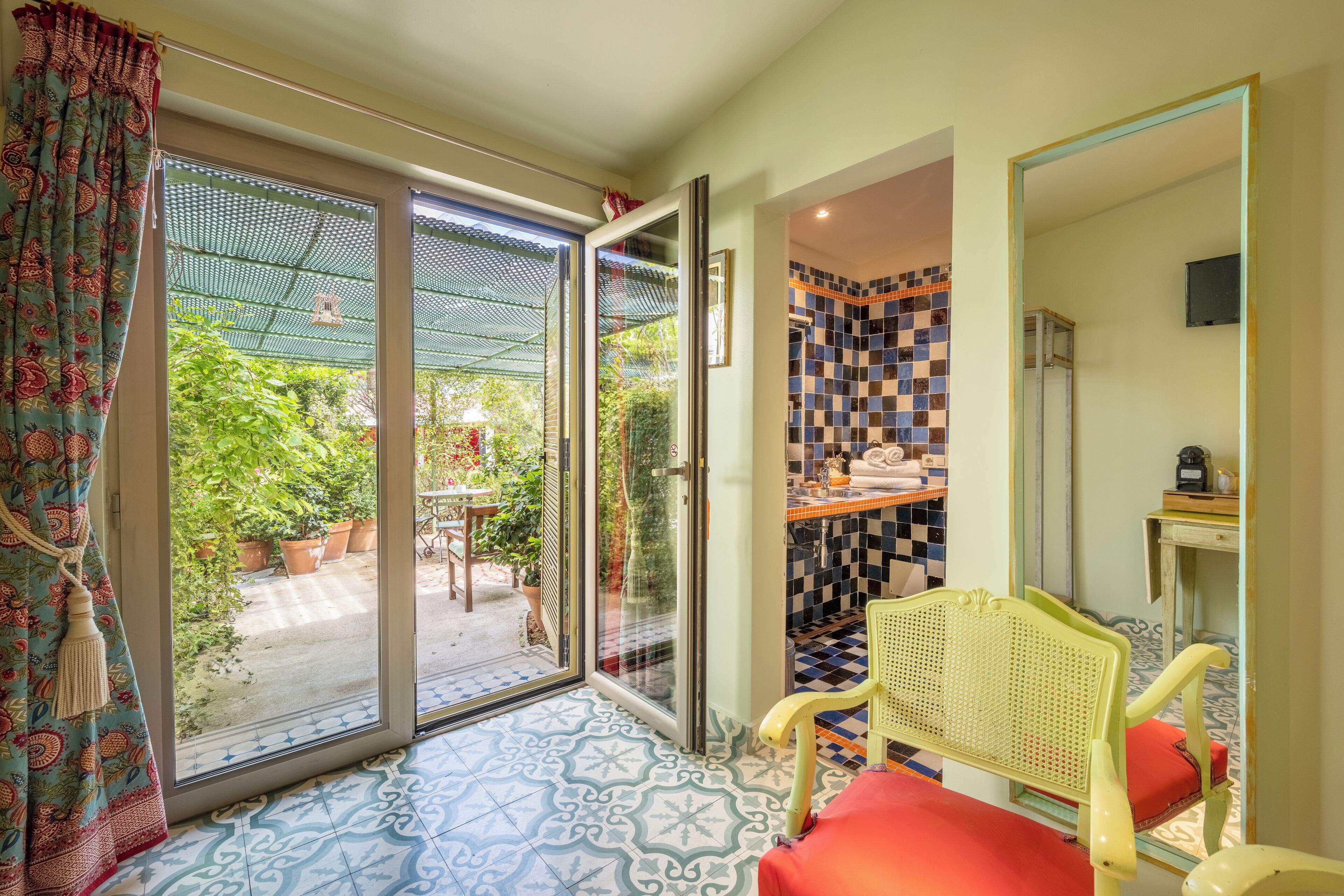 design double room, 1 double bed, private bathroom, courtyard view (anoki) | premium bedding, pillow-top beds, desk, blackout curtains