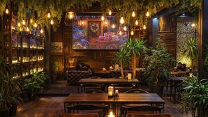 A cozy restaurant with wooden tables and chairs, hanging lights, and potted plants. - Gudauri Loft (Kazbegi)
