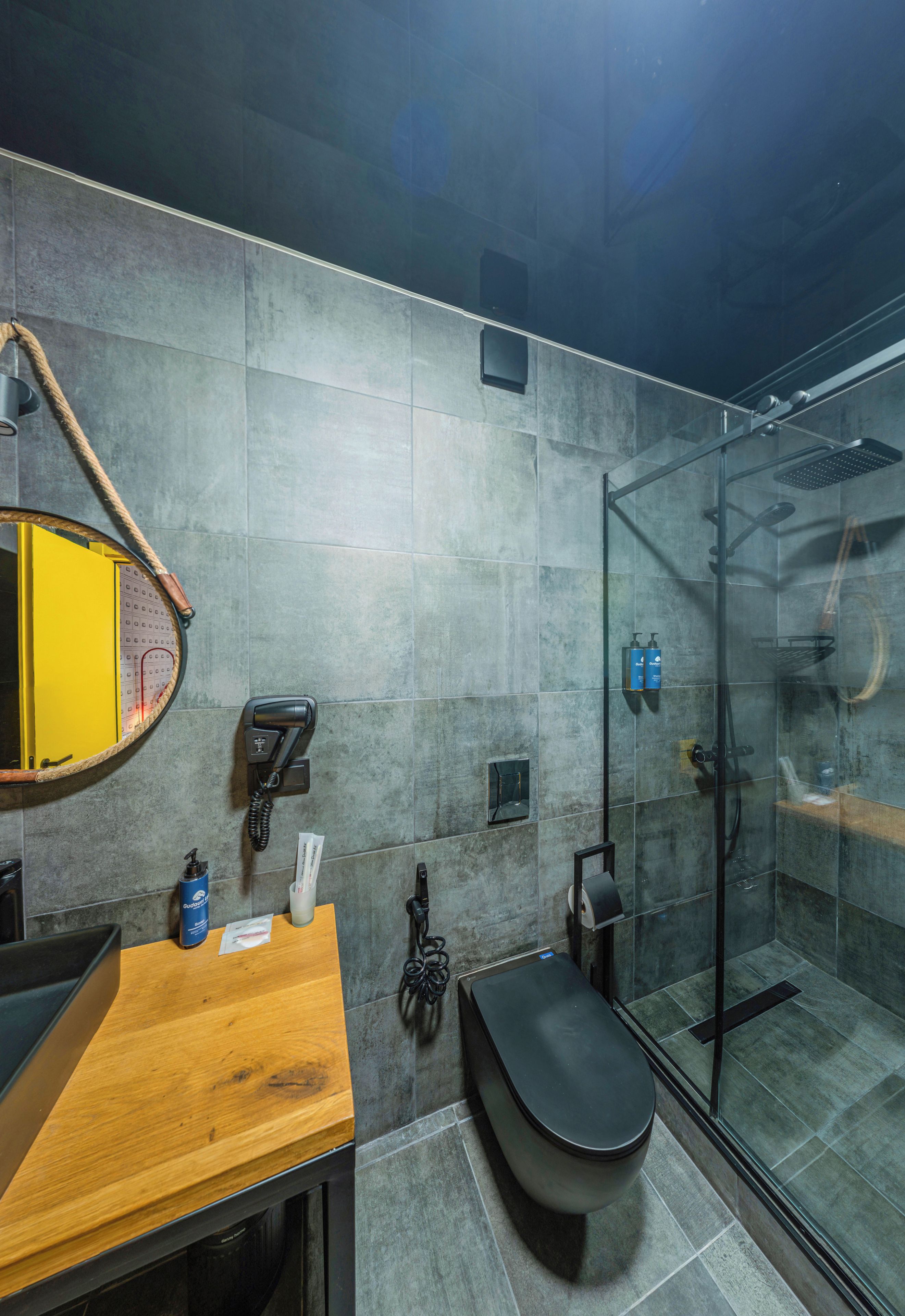 Een moderne badkamer met een douchecabine van glas, een houten wastafelmeubel, een toilet en een aan de muur bevestigde haardroger.
