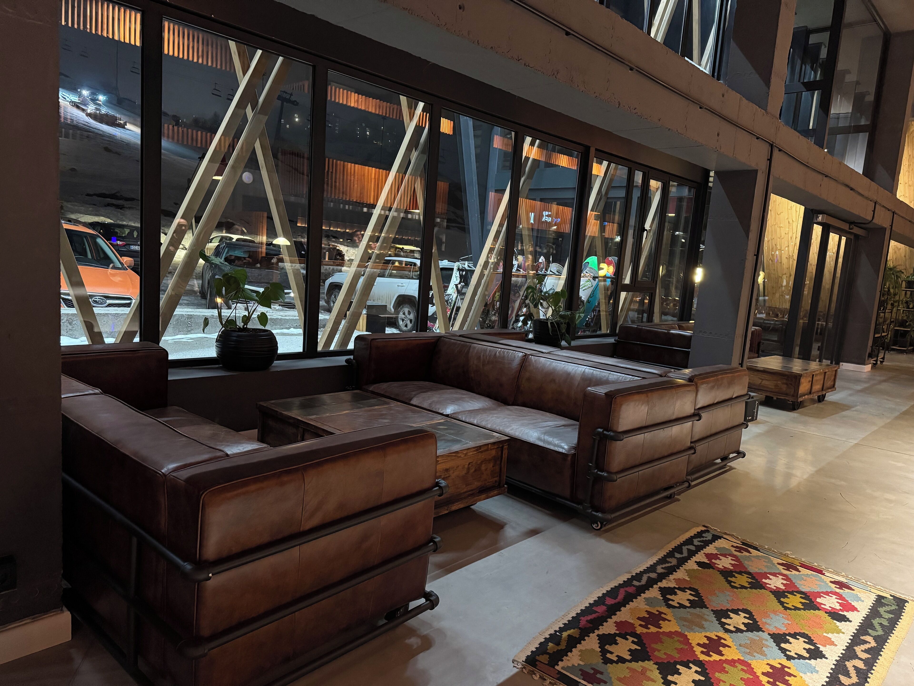 Een modern interieur met lederen zitplaatsen, grote ramen en een kamerbreed tapijt met een patroon.