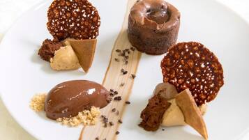 A dessert plate with various chocolate-based treats.