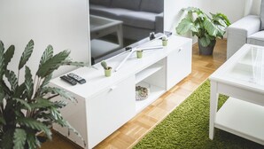 A modern living room with a flat-screen TV, white entertainment unit, and a green rug. - Ferienwohnung Alpi (Garmisch-Partenkirchen)