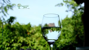 A glass of water on a table with a plate of cookies and a cup, set against a backdrop of greenery. - Thick forest sigiriya (Sigiriya)