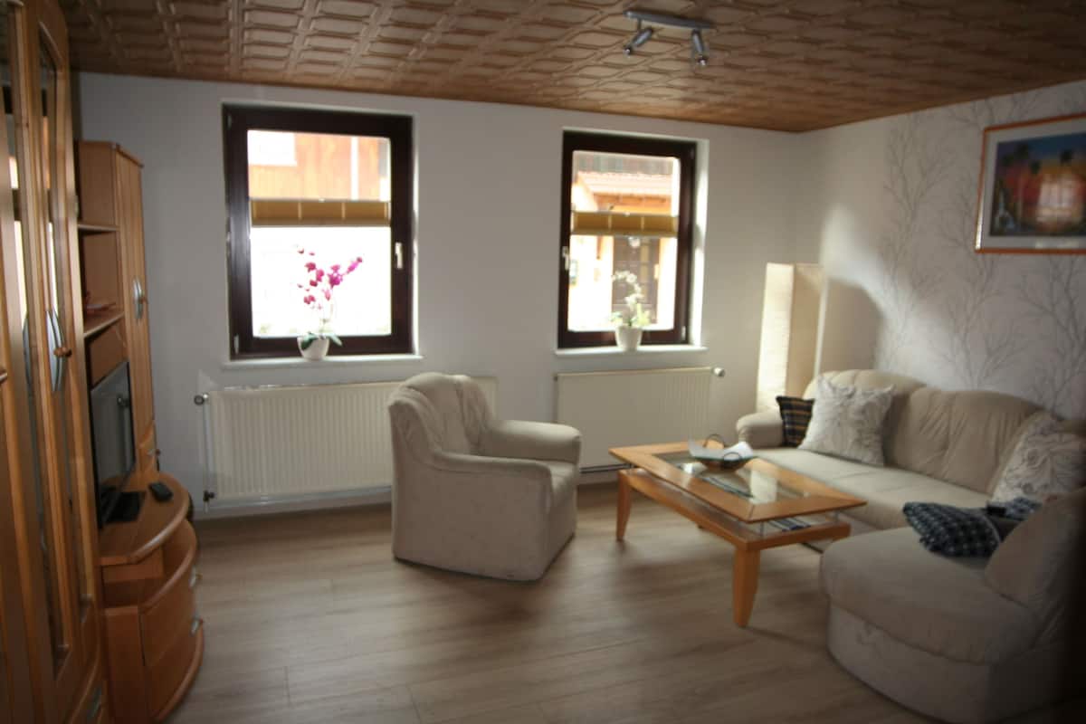 Ein Wohnzimmer mit Sofa, Sessel, Couchtisch aus Holz und Heizkörper.