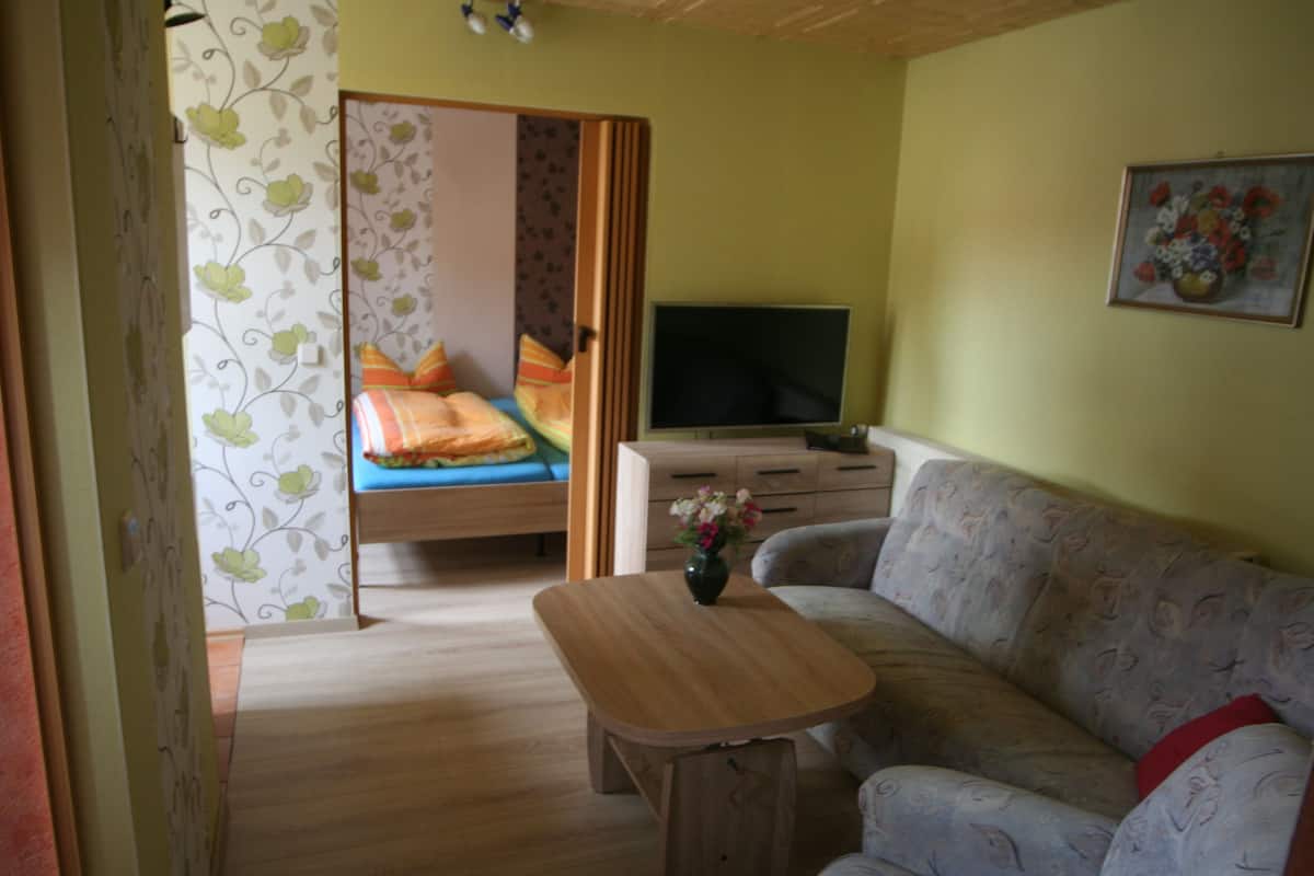Classic-Apartment, 1 Schlafzimmer, Nichtraucher, Gartenblick | Wohnzimmer | 100-cm-Flachbildfernseher mit Satellitenempfang, LED-Fernseher