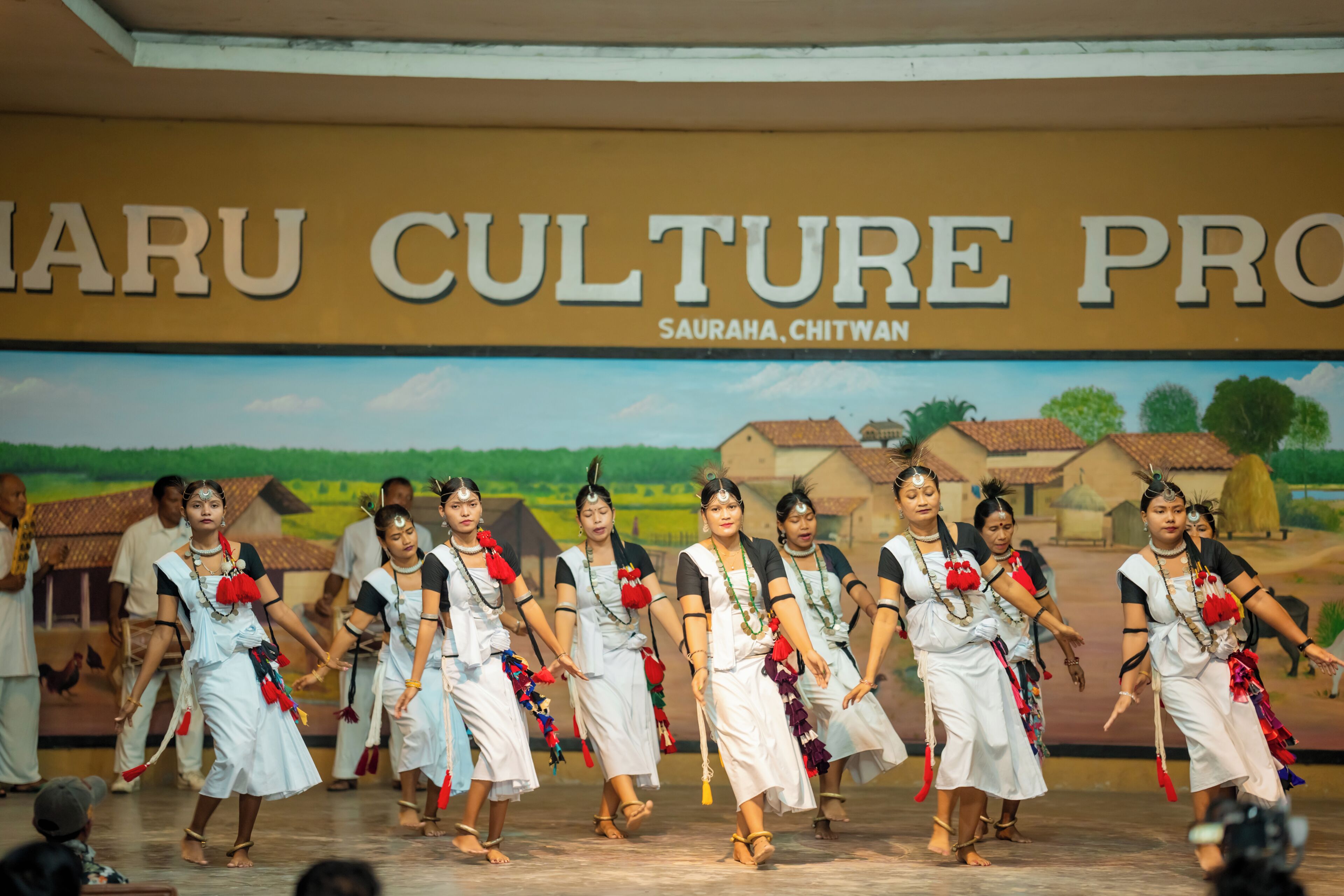 Une scène avec des artistes vêtus de costumes traditionnels, un décor avec du texte et un tableau représentant un paysage rural.