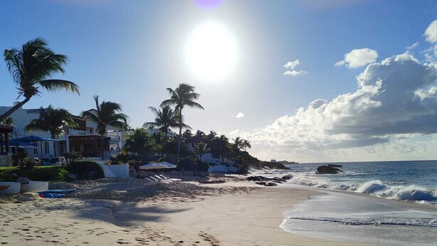 En strand med fodspor, palmer og en klar himmel.