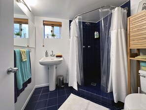 Combined shower/bathtub, hair dryer, towels, soap