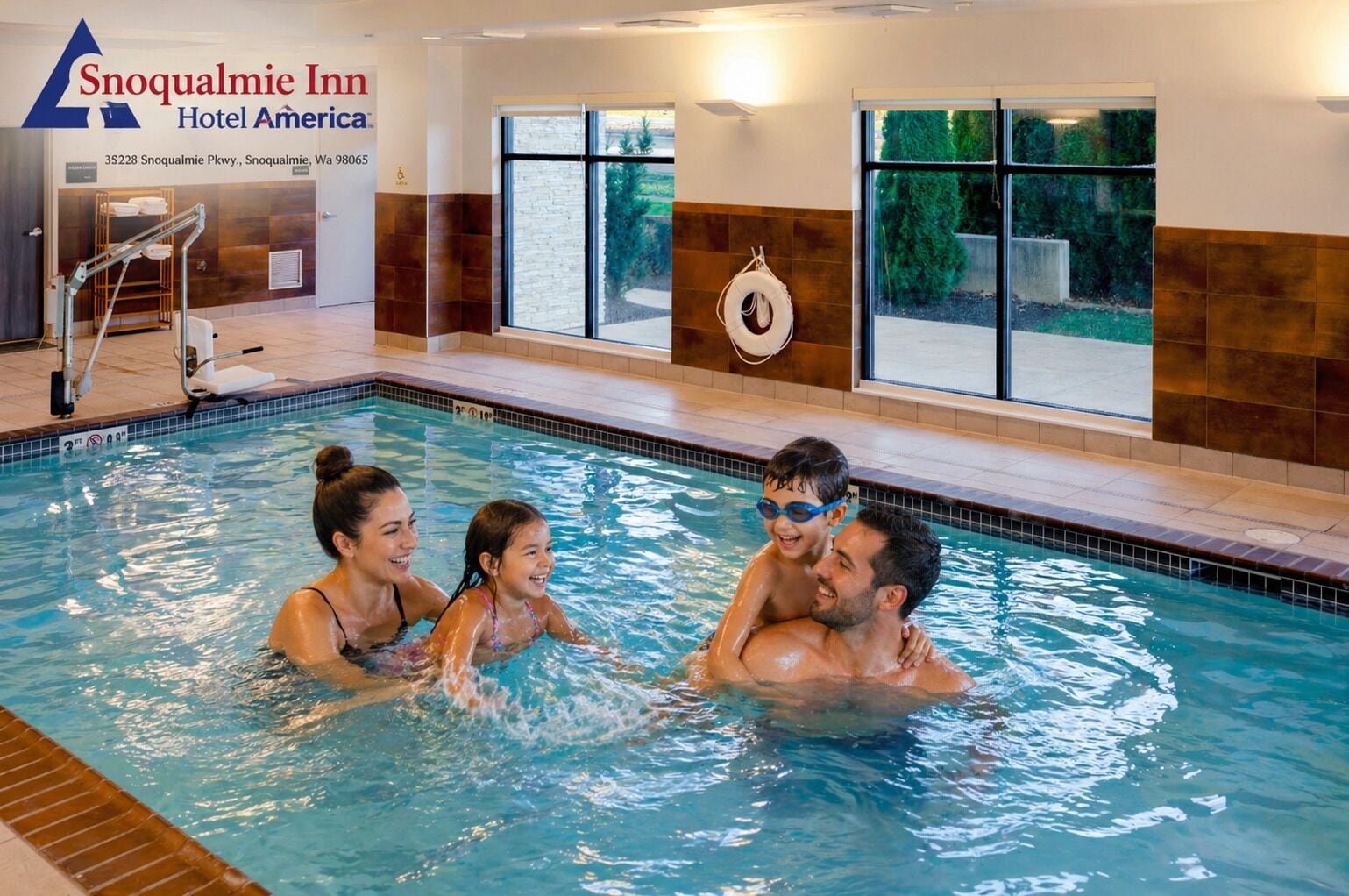 Une piscine intérieure à l’eau claire, dotée d’un poste de surveillance pour les maîtres-nageurs et offrant une vue sur l’extérieur grâce à de grandes fenêtres.