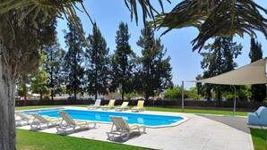 Ein Pool mit Liegestühlen, umgeben von Bäumen und einem gepflasterten Weg.