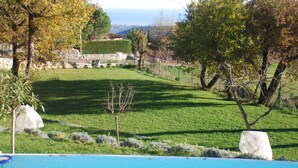 Ein Poolbereich mit Blick auf eine grüne Rasenfläche, Bäume und eine Steinmauer im Hintergrund.