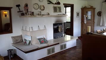TV, fireplace, DVD player, books