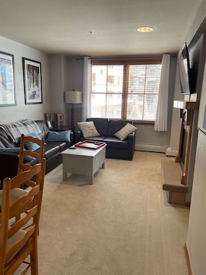 Smart TV, fireplace, video games, DVD player