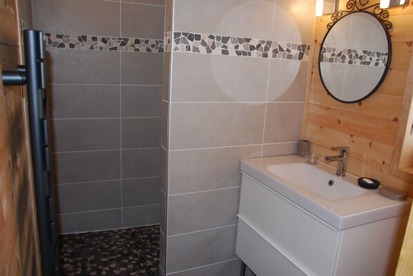 A bathroom with a shower, a sink, and a mirror. - Mountain spirit in the heart of Queyras (St Véran)