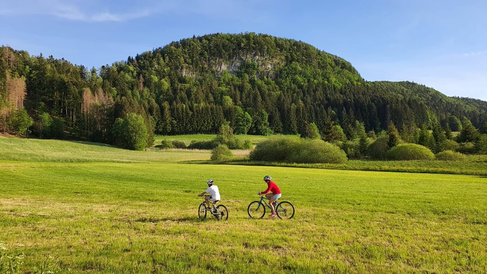 A wide-open grassy field with two cyclists in the distance, surrounded by dense forest and a hill in the background.