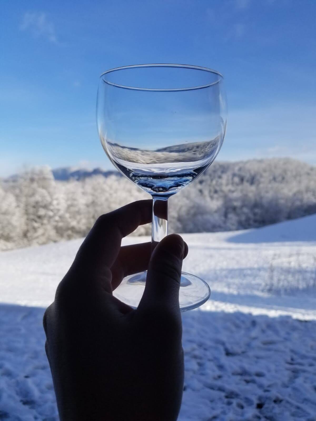 Eine Hand hält ein Glas mit verschneiter Landschaft im Hintergrund.
