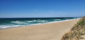 En la playa, camastros y toallas de playa 