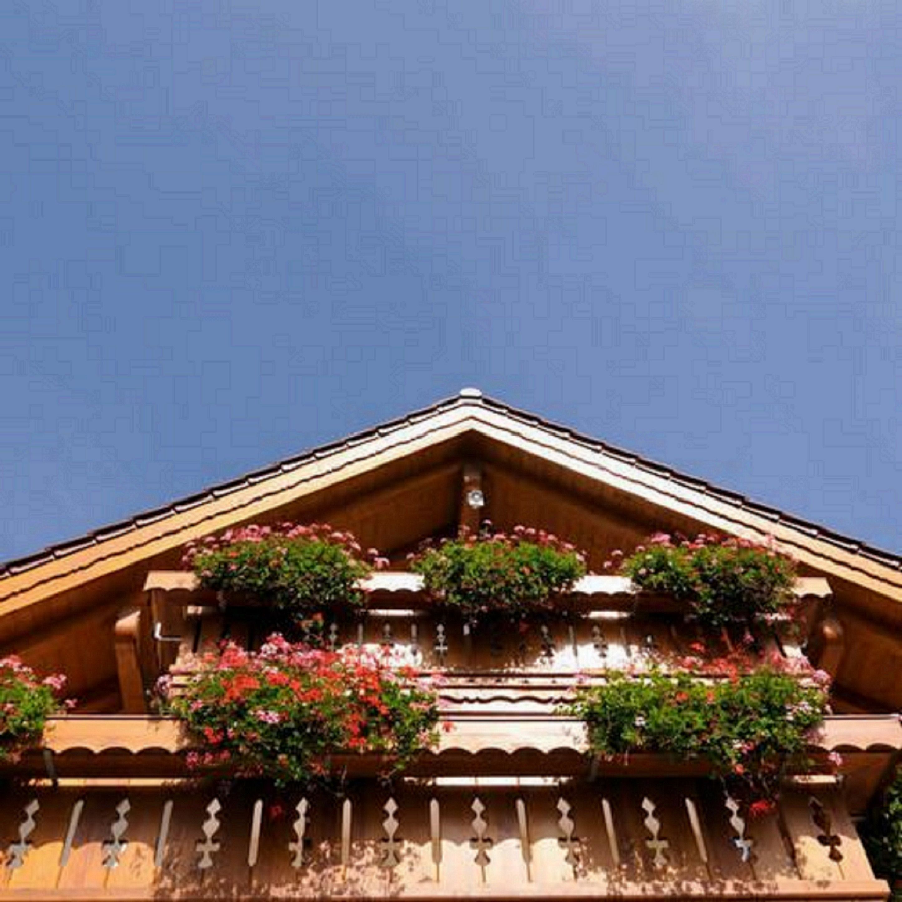 A building with a wooden facade and a balcony with flower boxes.