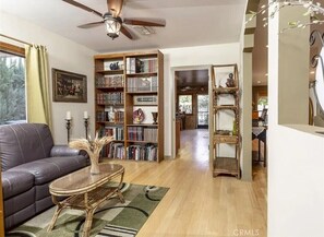 Smart TV, chimenea, libros y oficina 