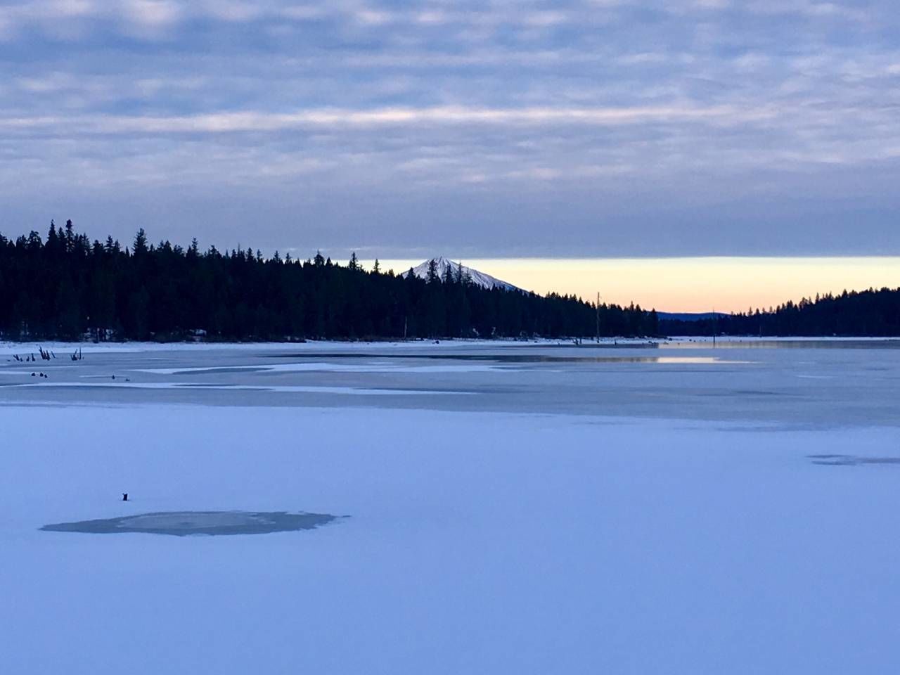 A frozen landscape with a mountain in the background and a forested area.