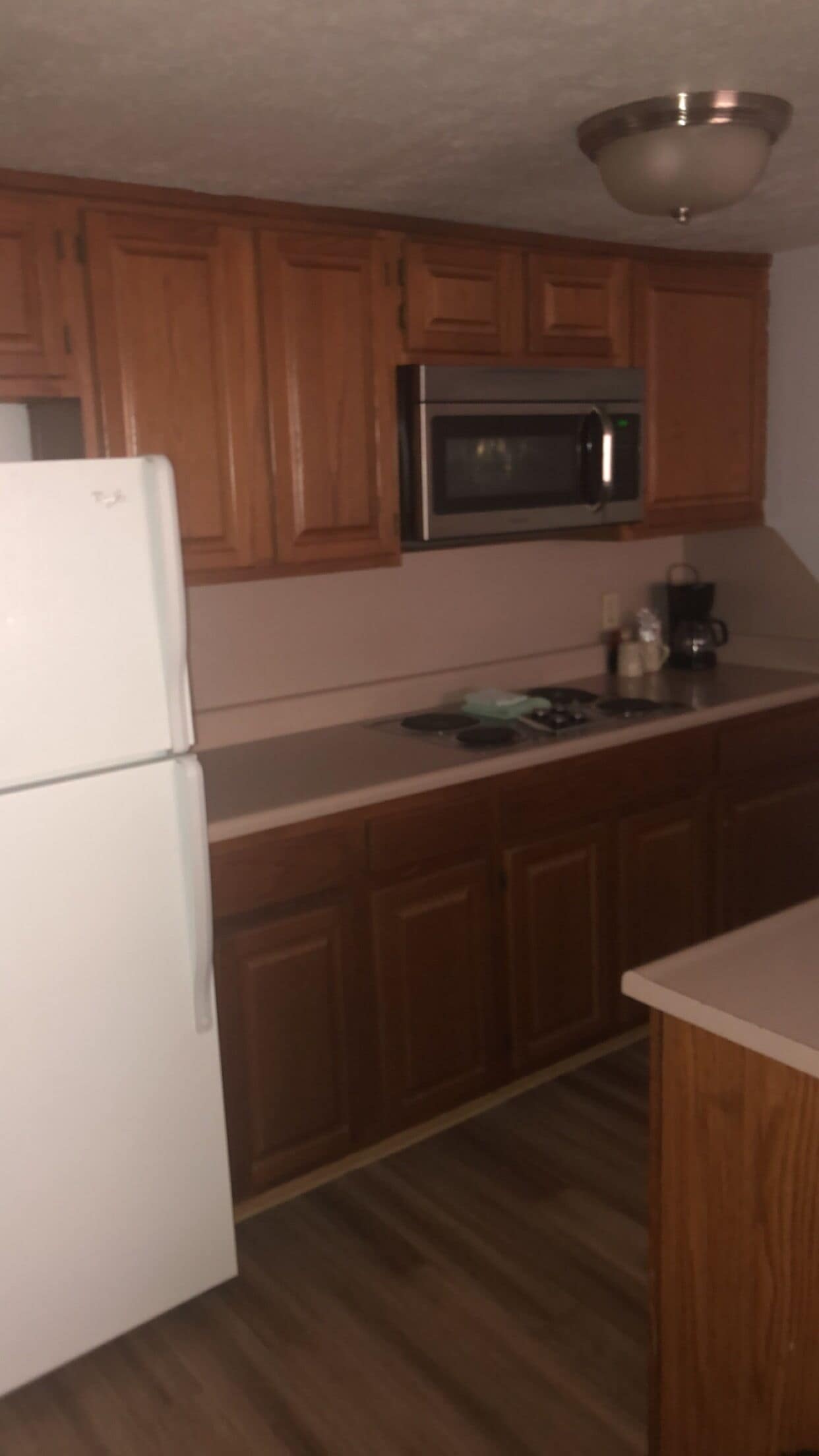 fridge, microwave, dining tables