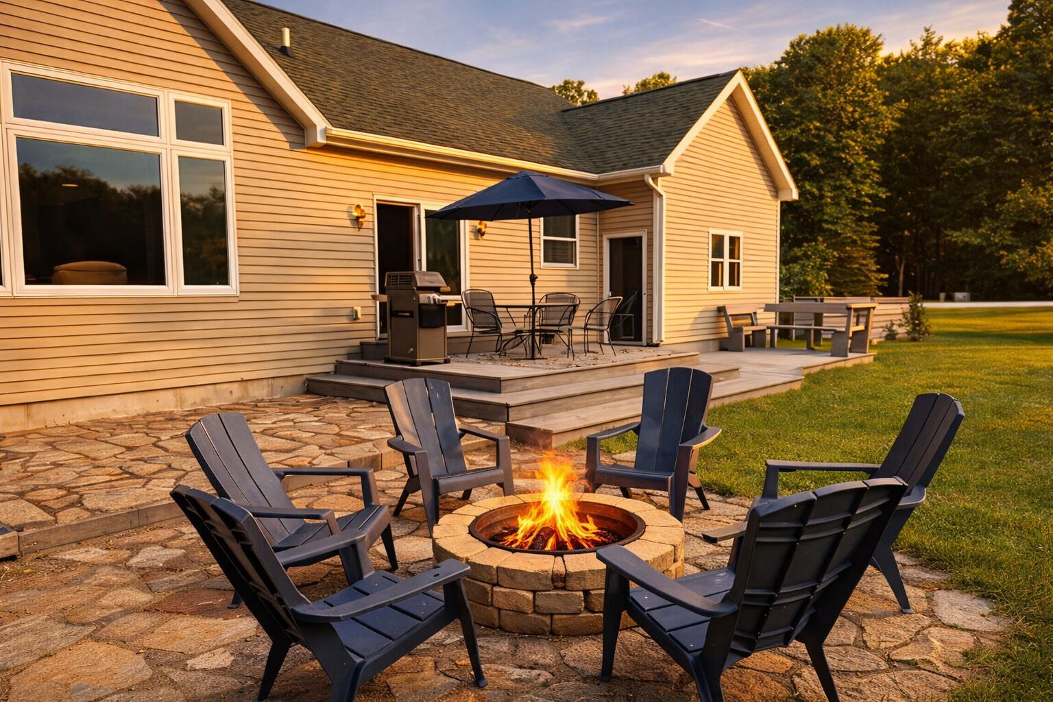 A house with a stone patio, outdoor seating, and a fire pit.
