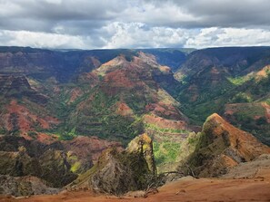 A canyon landscape with rugged terrain and green vegetation.