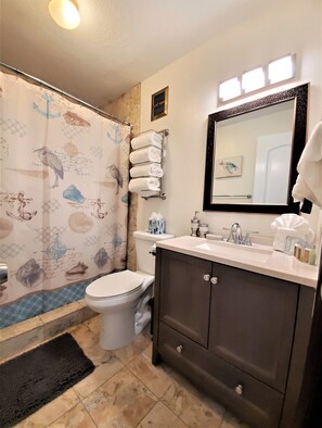 Shower, hair dryer, towels, soap